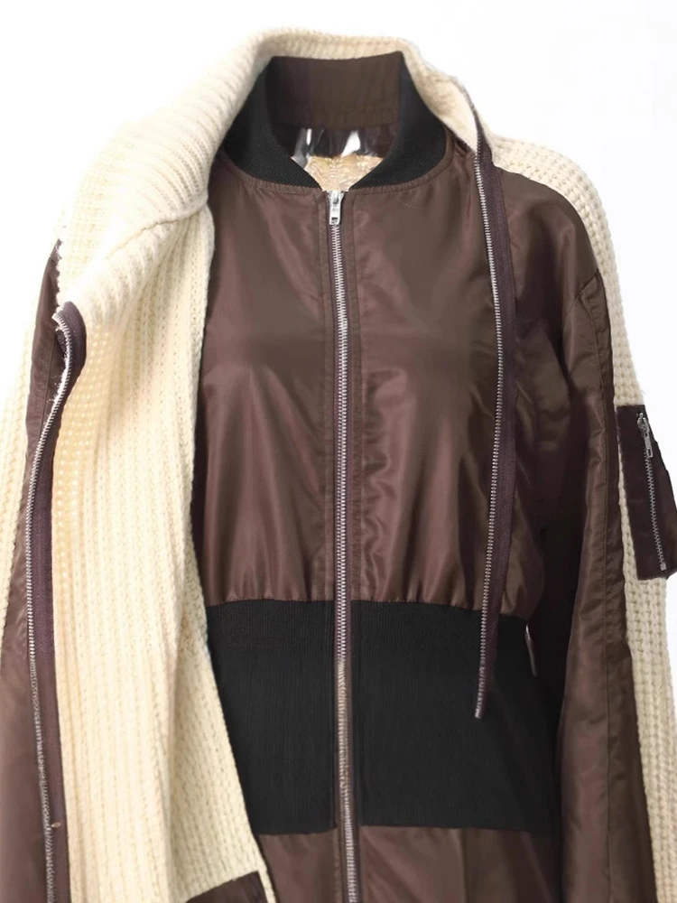 [EAM] Бежевый длинный вязаный кардиган большого размера с v-образным вырезом и