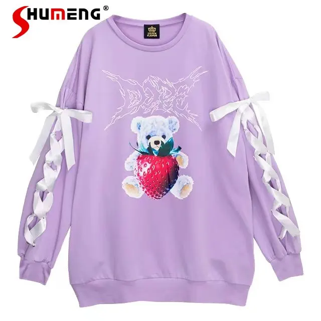 Japanese Bow Interwoven Ribbon Cute Strawberry Bear Hoodie Coat Women Long-Sleeve Pullover Sweatshirt Purple Top Spring Clothes