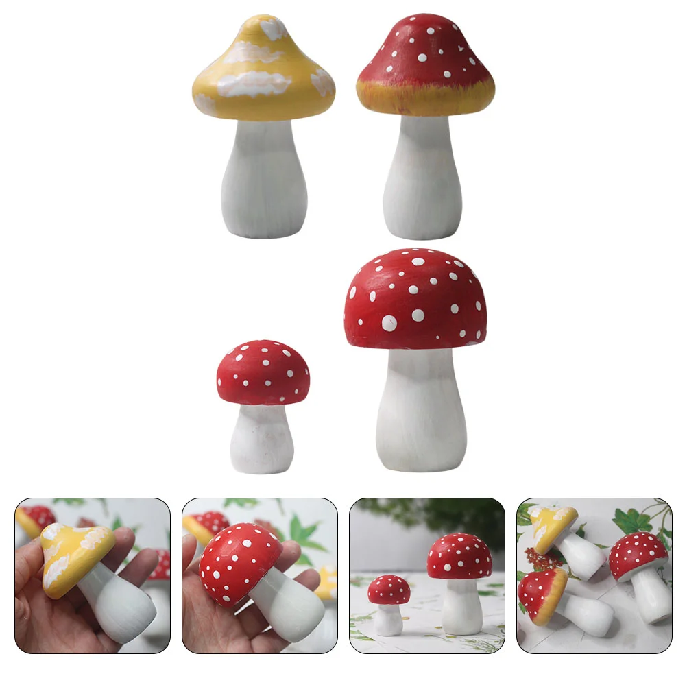 

4 Pcs Mushroom Decoration Ornament Moss Landscape Toddler Cars Toys Decorations Wood Statue Wooden Cake