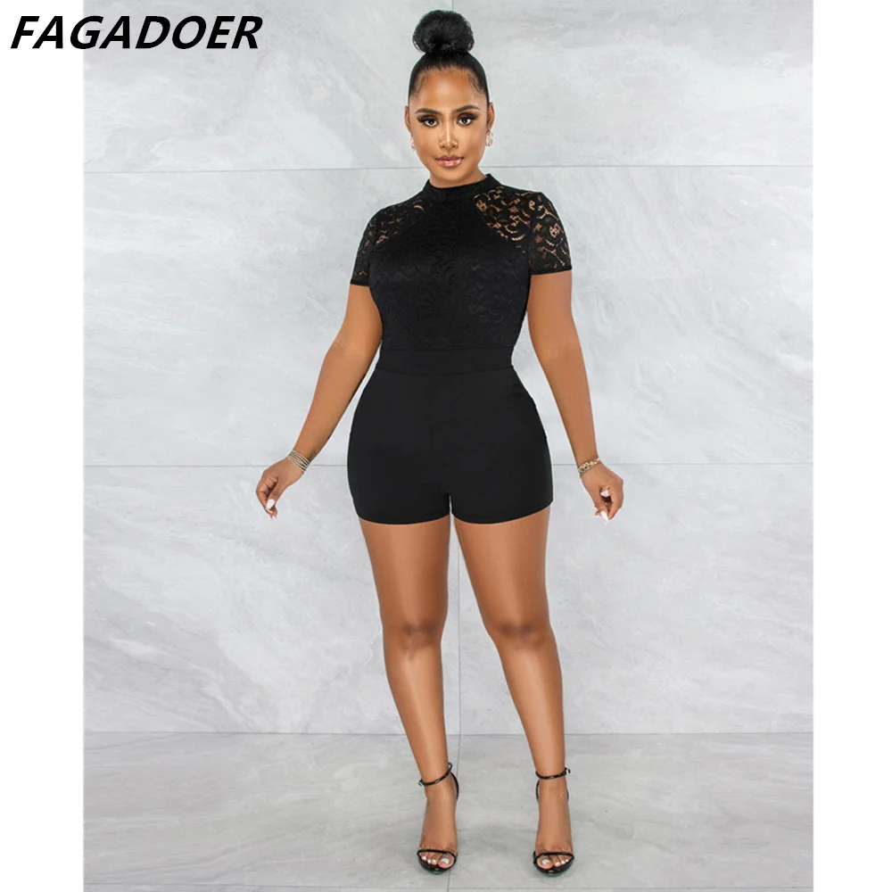 FAGADOER White Black Elegant Lace Romper Mesh Patchwork Sexy Ladies Office Wear Sexy One Piece Jumpsuit Fashion Playsuit Women