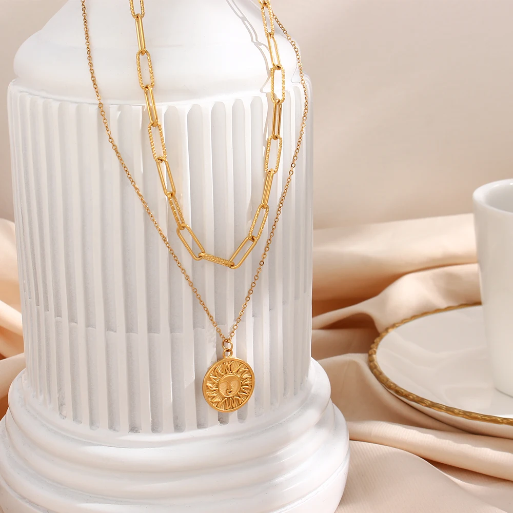 

316L Stainless Steel Waterproof Sun Coin Pendant Necklaces Punk 18K Gold Plated Link Chain Necklaces for Women Jewelry Party