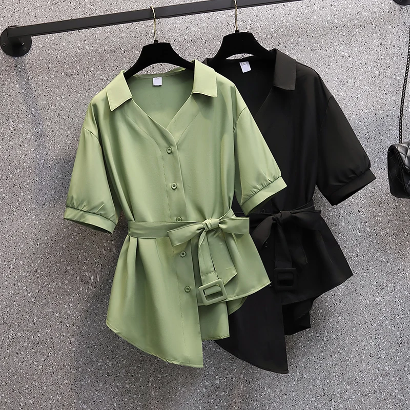 Plus Size Women Clothing Summer Sexy Shirt Fashion Women Top Short Sleeve Blouse Casual Women Shirt OL Belt Elegant Women Shirts