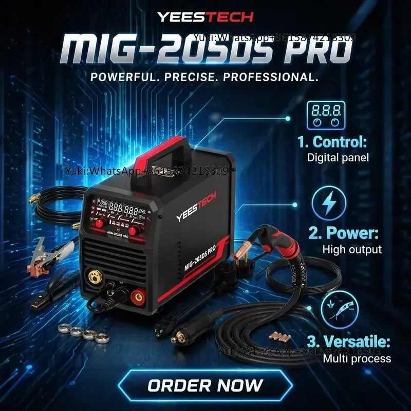 Фото Сварочный аппарат YEESTECH 205A 205DS PRO 205A MIG, 220В, двойное напряжение, 5-в-1: газовая сварка MIG/флюсовая сварка с катушкой, сварка TIG/армированной проволокой, цифровой дисплей LED. №1