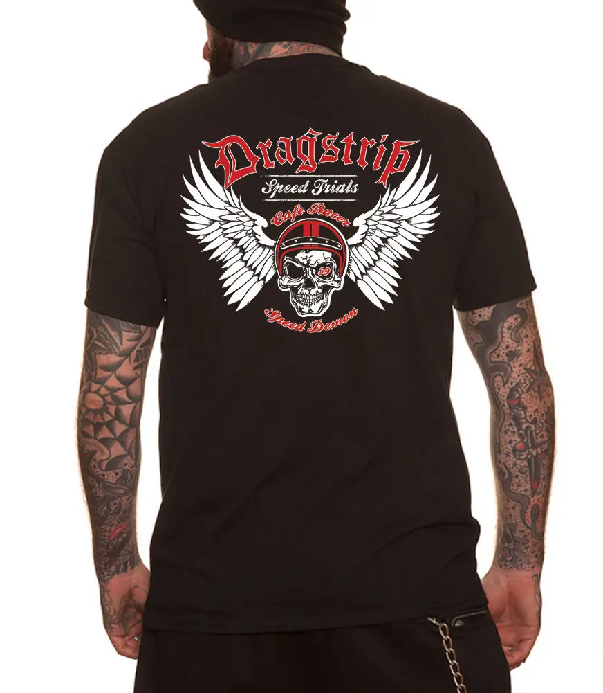 

New Brand T Shirt Men Short Sleeve Funny Mens Black Speed Demon Cafe Racer Skull Wings Biker Slim Fit Tee Shirts Classic