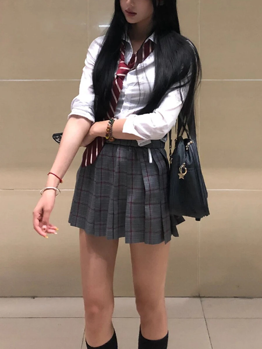 Pure Desire Jk Uniform White Waist Hugging Shirts Summer Mature Royal Sister Women suit Gyaru Wear Plaid Pleated Skirt