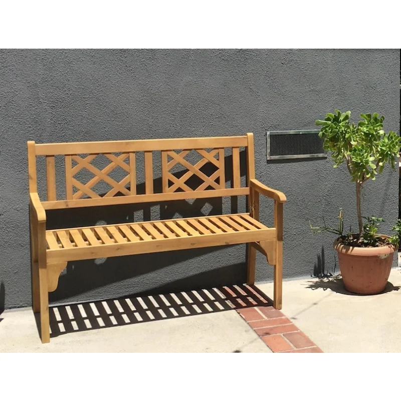 

Patio Wooden Bench, Foldable Acacia Garden 2 Seat Bench with Curved Backrest & Armrest, Farmhouse Wood Park Bench Chair Patio