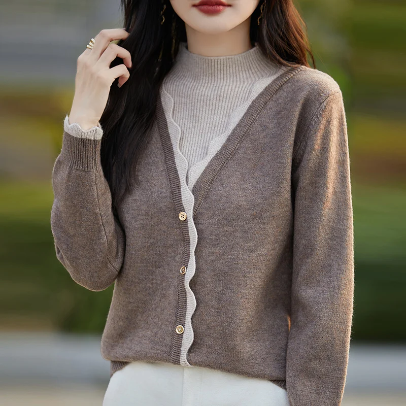 Зимний вязаный свитер женский топ с воротником-стойкой два предмета лоскутный