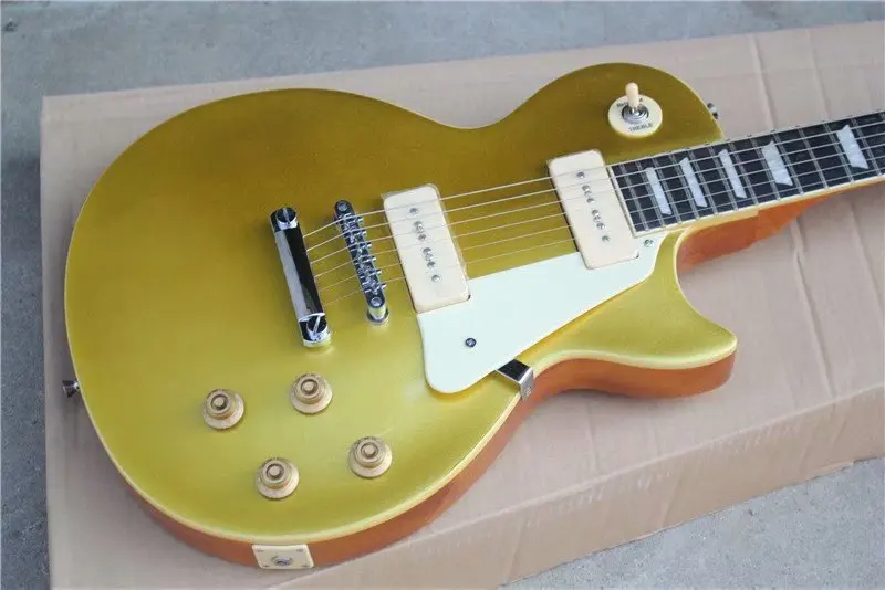 

Бесплатная доставка, новая золотая верхняя стандартная электрическая гитара Goldtop из розового дерева, подставка P90, пикап 2