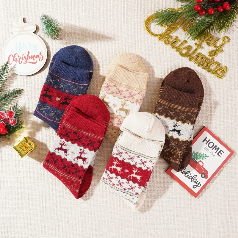 

Женские рождественские подарочные носки рождественский Золотой Лось Снежинка утолщенные Теплые Ретро носки из кролика и шерсти смешанные носки средней длины 3 пары