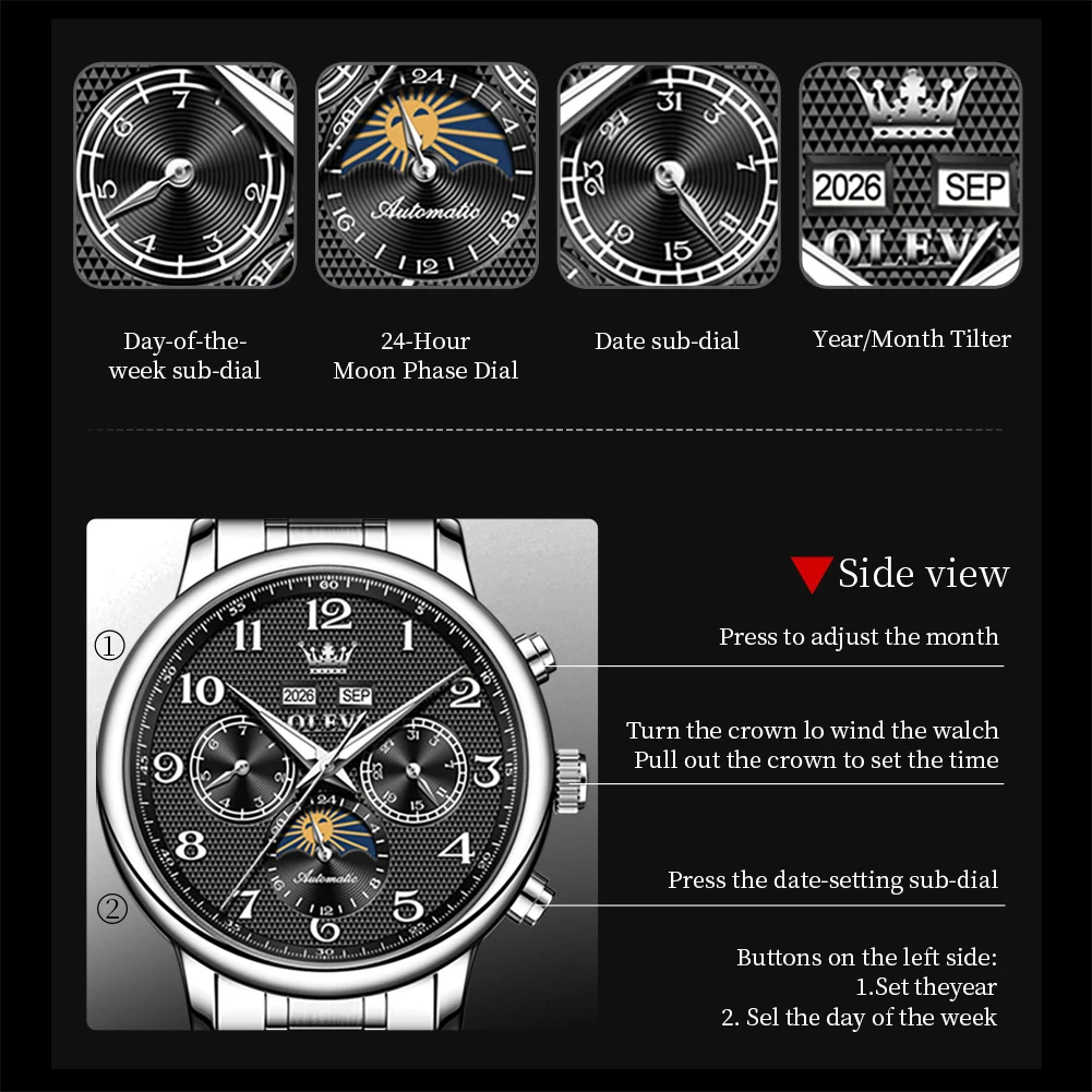 Фото Мужские часы OLEVS 7126 New Moon Phase, модные, с цифровым циферблатом, многофункциональные, с вечным календарем, автоматические, механические. №5