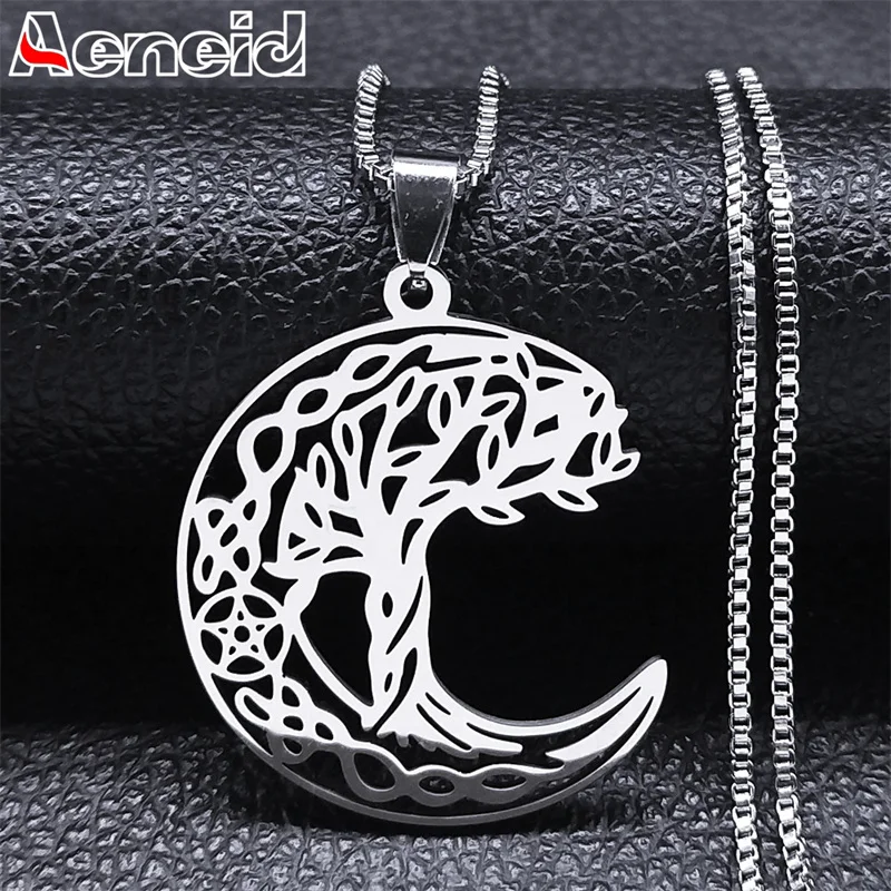 Купи Bohamia Crescent Moon Tree of Life Hollow Out Pendants Necklace Vintage Stainless Steel Spiritual Healing Necklaces Jewelry Gift за 233 рублей в магазине AliExpress