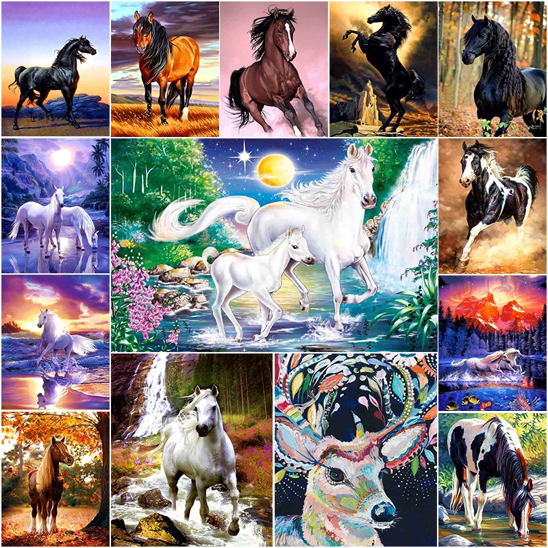 

DIY 5D Horse Mosaic Art Picture Diamond Painting Animals Cross Stitch Kit Embroidery Full Round Drill Rhinestone Home Decor Gift