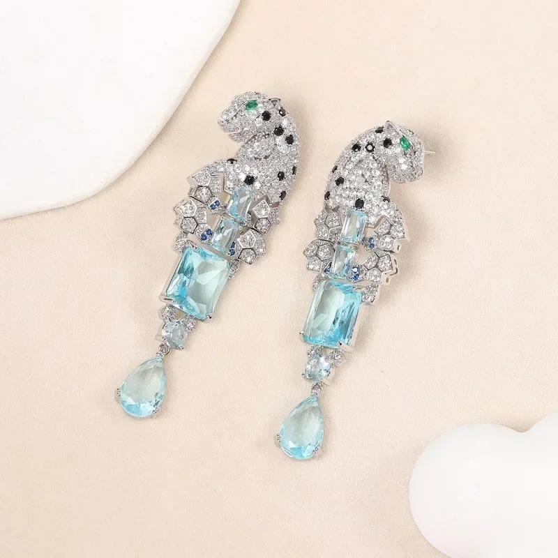 Full CZ Zircon Leopard Waterdrop Earrings Green Eyes Square Crystal 925 Needle Panther Animal for Women Party Gift