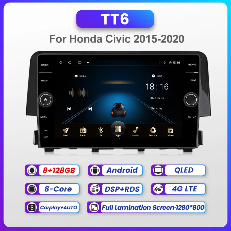QLED 1280*800 8GB+128GB Android 11 Car Radio Multimedia GPS Navigation For Honda Civic 10 FC FK 2015 - 2020 WiFi Carplay Auto