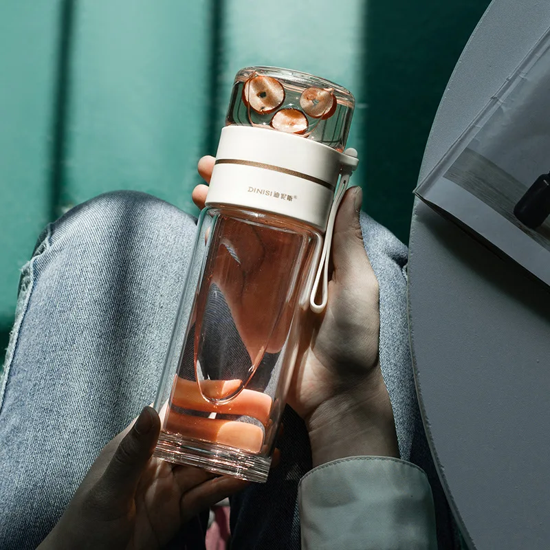 

D2 Double Wall Glass Water Bottle Mug Girls With Tea Infuser 400/450ml Leakproof Glass Tea Infuser Tumbler Coffee Cup Tea Filter