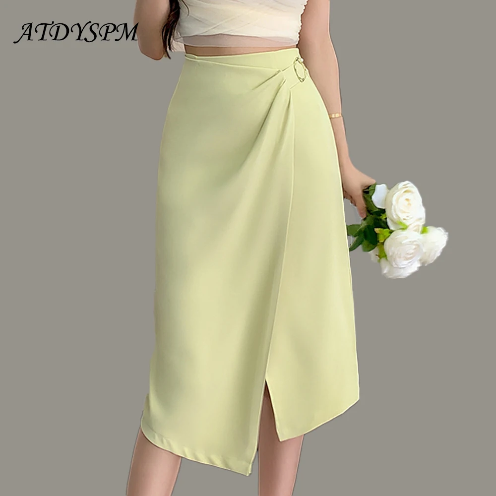 

Summer Faldas Mujer Moda 2023 Midi Skirts Womens Office Lady High Waist Simple Elegant Folds Split Casual Skirts Women