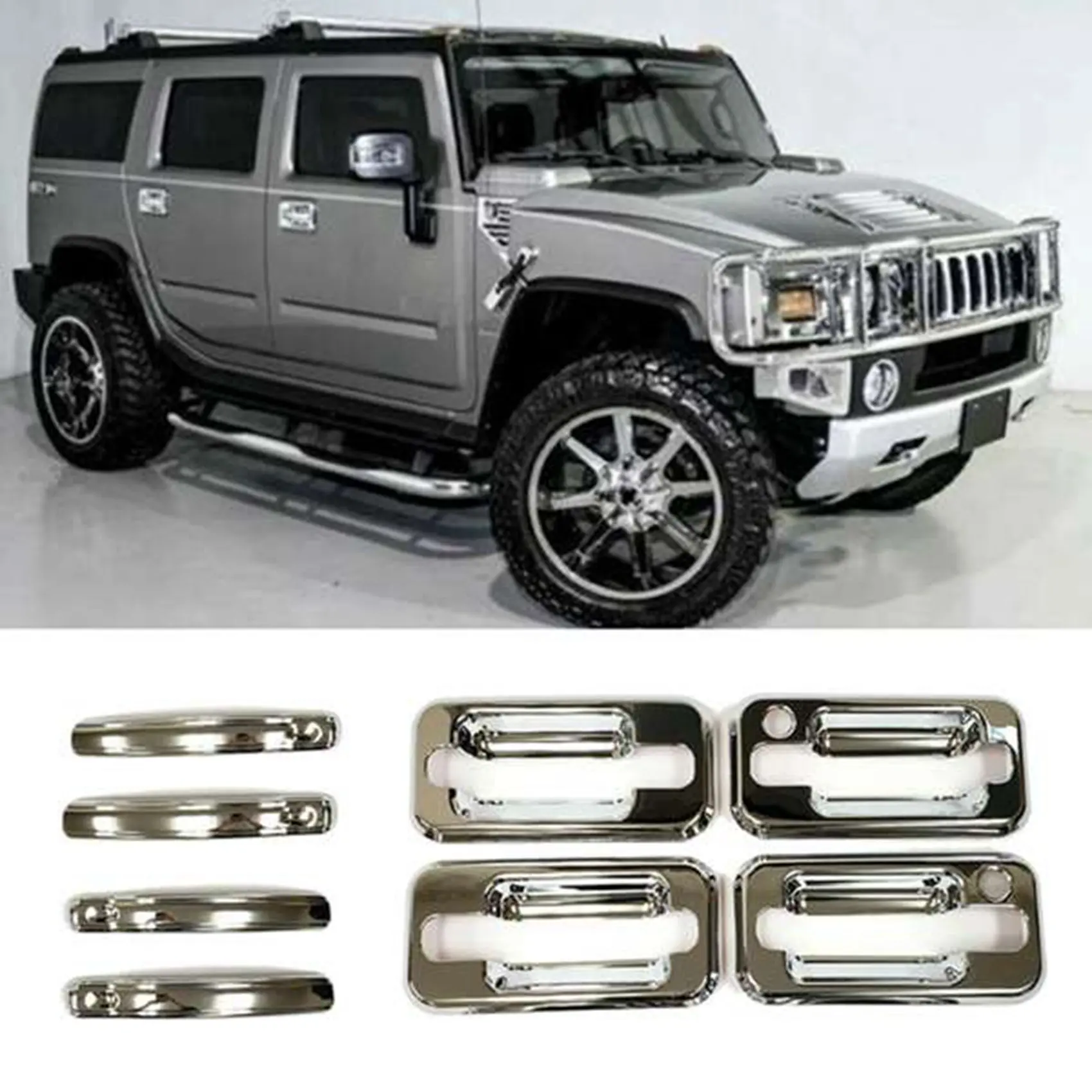 

8PC/Set Front+Rear Door Handle Cover for Hummer H2 SUV SUT 2003-2009 Chrome Without Passenger Key Hole Exterior Covers