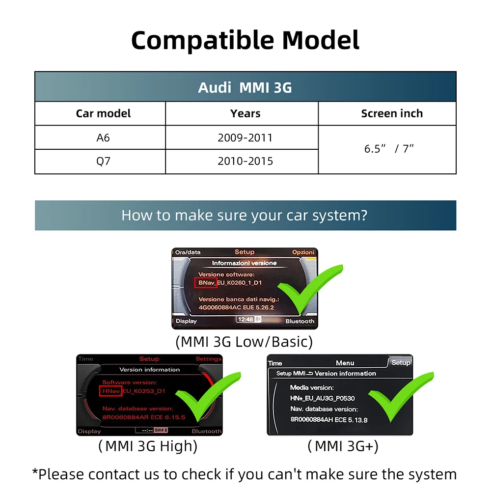 

Специальный видеоинтерфейс CarPlay для AUDI A6 Q7 2009-2015, экран 6,5 дюйма/7 дюймов с платформой MMI 3G.