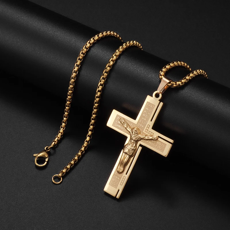 

Retro Trend Stainless Steel Jesus Cross Pendant Necklace Men and Women Religious Christian Prayer Amulet Jewelry