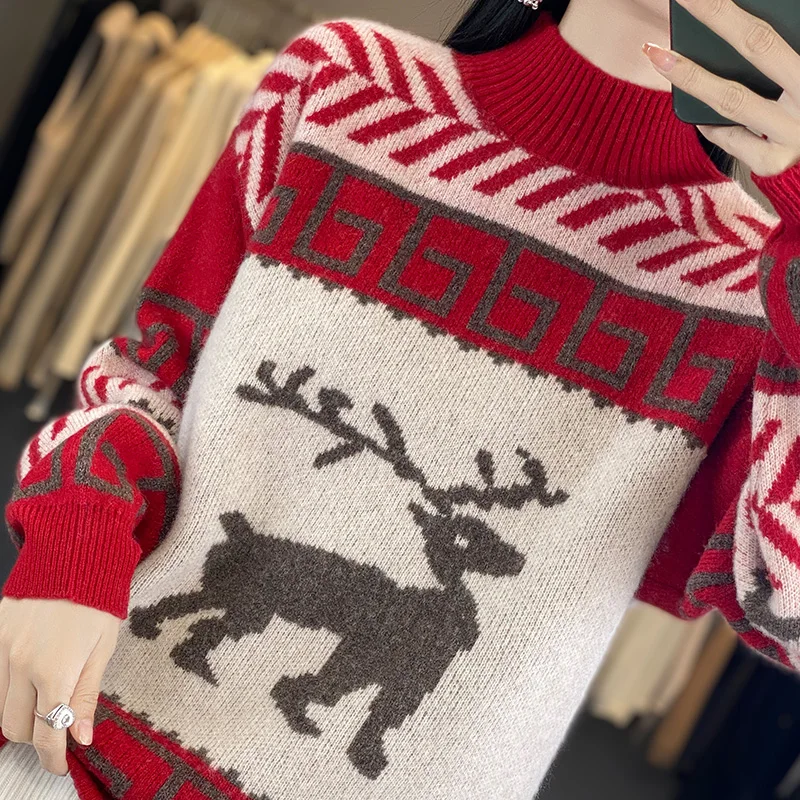 Deer 2025 рождественские утепленные женские свитера из 100% шерсти зимний вязаный