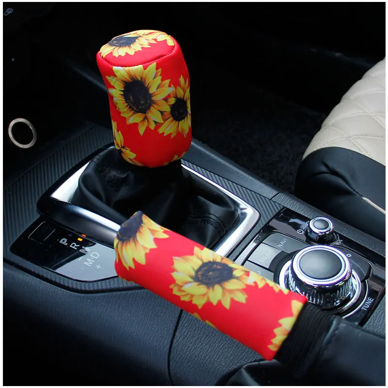 

1 set Car Gear Shift Collar Cover Sunflower Print Hand Brake Cover Auto Interior Decor Accessories