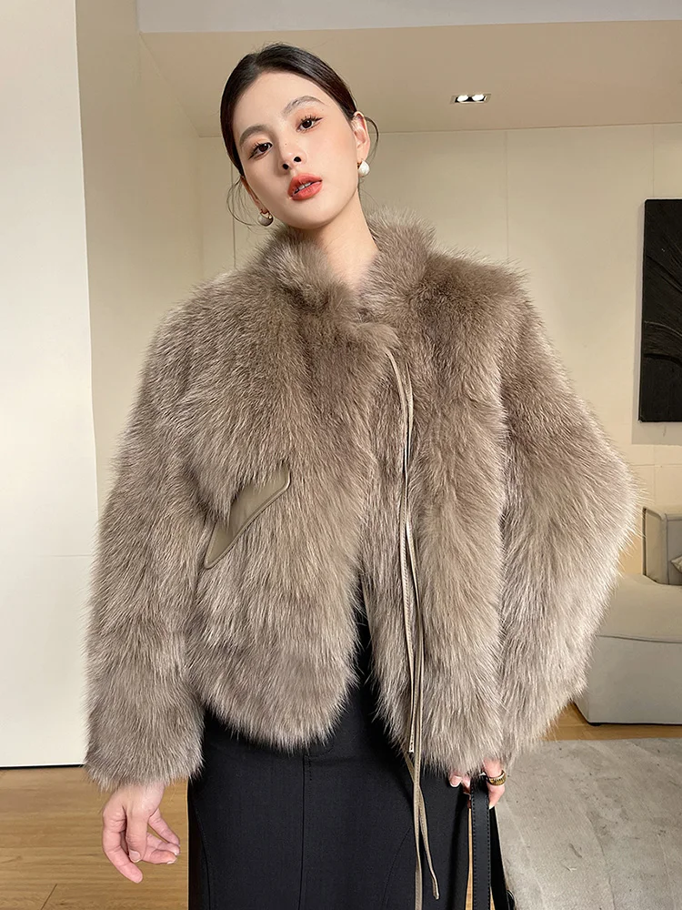 New Women Short Real Fur Coat Autumn Winter Luxurious Fashion Fox Belly Fur Down Cotton Lining Lace-up Thick Warm Fur Jacket