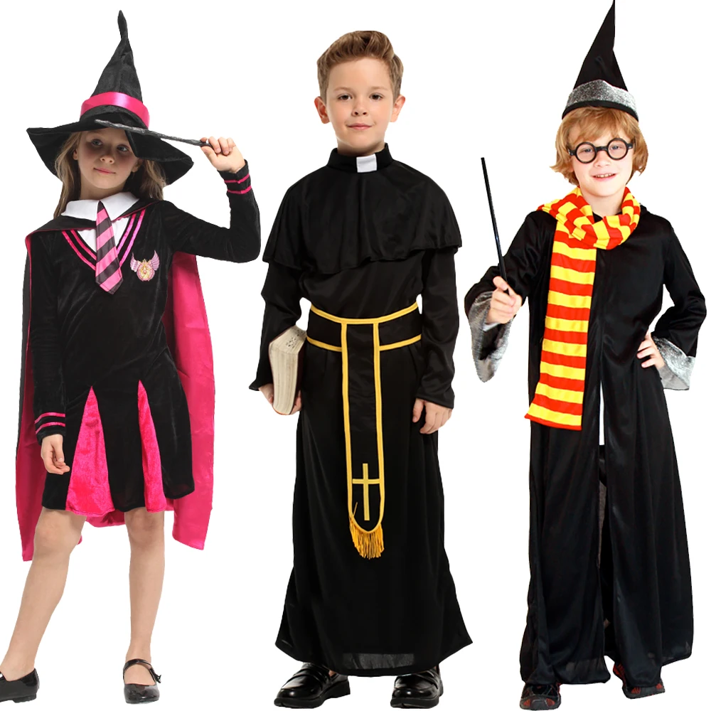

Boy Girls Priest Magician Cosplay Costumes Missionary Robe Christmas Party Dress Magic Wand Cloak Hat