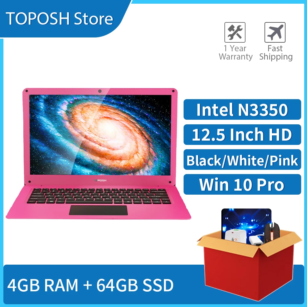 Intel N3350 12.5 Inch Laptop Windows 10 Pro 64-Bit Ultra Thin 4G RAM 64G SSD Notebook Computer Pink Portable Office Small PC