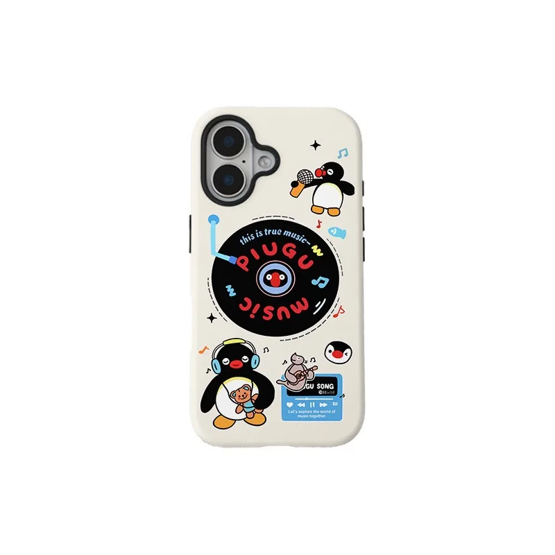Фото Чехол Beige Penguin Listening To Music с мультяшным мраморным узором для IPHONE 16 Pro 15 14 13 12 11 Акриловый ТПУ Два в одном Чехлы для телефонов №2
