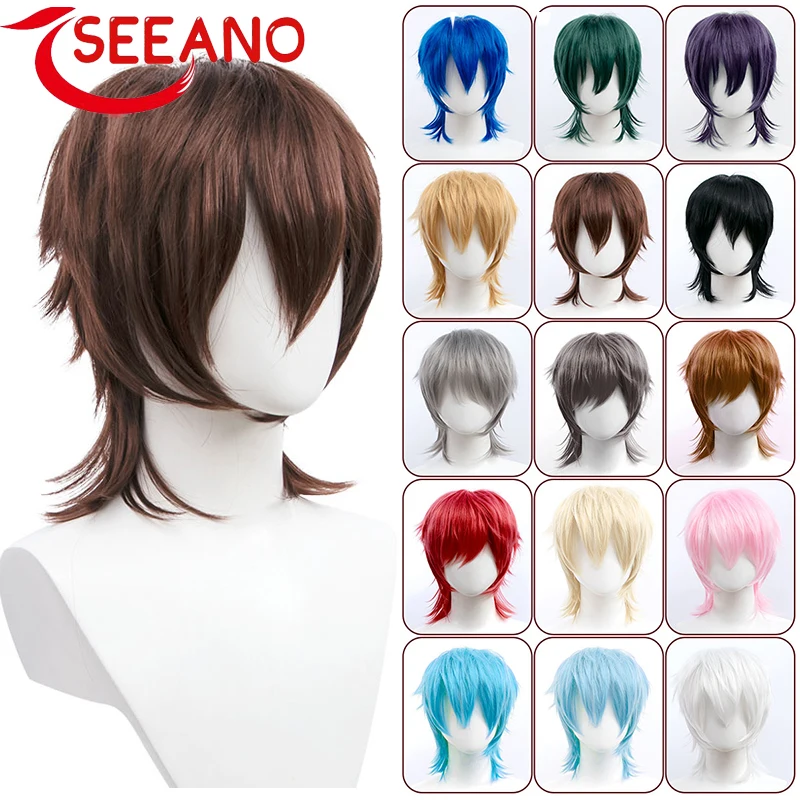 

Искусственные волосы для мальчиков SEEANO, черные, красные, розовые, короткие прямые волосы, термостойкие искусственные волосы, мужской парик для косплея