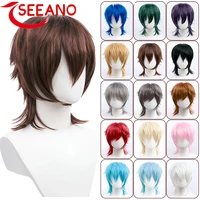 seeano synthetic black red pink short straight hair for boy party heat resistant fake hair mullet fish head type men cosplay wig