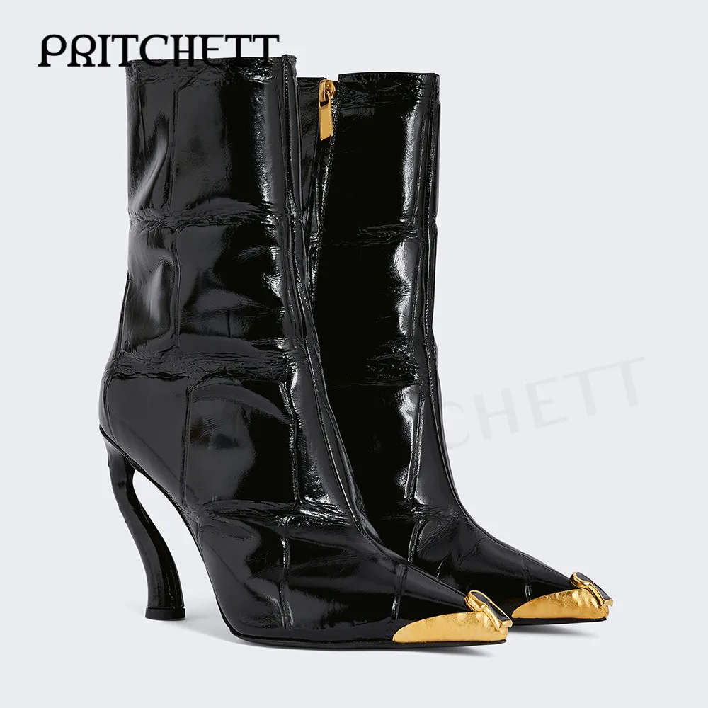 Черные лакированные кожаные ботильоны с боковой молнией металлический острый