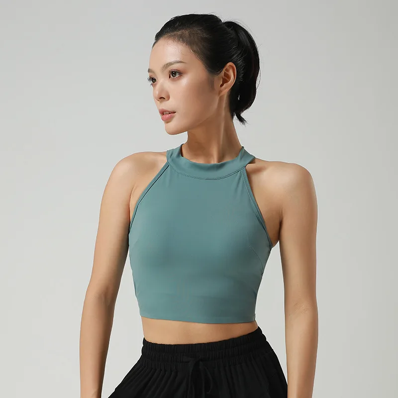 

AI neck hanging vest with chest pad Women's tight fitting suspender Fitness suit Breathable sweat wicking vest suspender