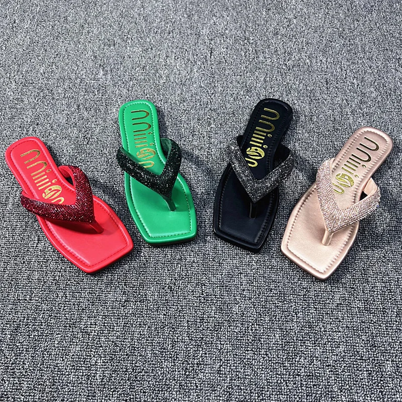 

Women Flip Flops Big Size Ladies Slippers Luxury Rhinestones Summer New 2022 Flats Outside Indoor Gladiator Slides Female Shoes