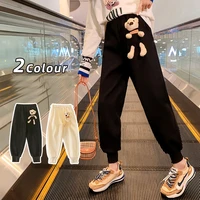 fashion children solid color sport pants cartoon bear loose trousers for kids girls spring autumn teenage black sweatpants 8 12y