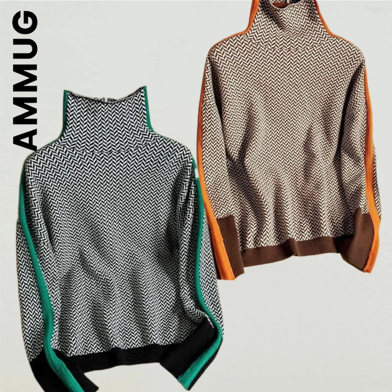 

Женский свитер Ammug с высоким воротником, новый вязаный пуловер в стиле Харадзюку, вязаный свитер, повседневные популярные женские свитеры, т...