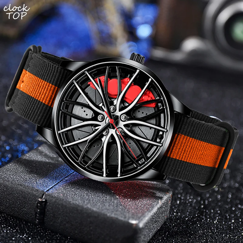 

Car Wheel Rim Hub Quartz Watch Men Luxury Black Red Green Stainless Steel Canvas Watches Man Wristwatch Male Skeleton Dial Reloj