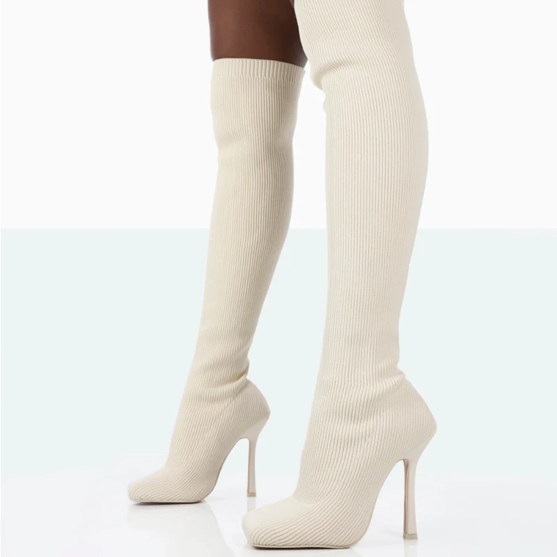 

Women's Over Knee High Boots Winter 2022 New Thigh Socks Boots Knit Heels Warm Sexy Stilettos Autumn Square Toe Over Knee Boots