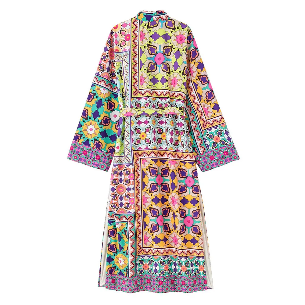 Женское Свободное пальто с длинным рукавом поясом и принтом в европейском