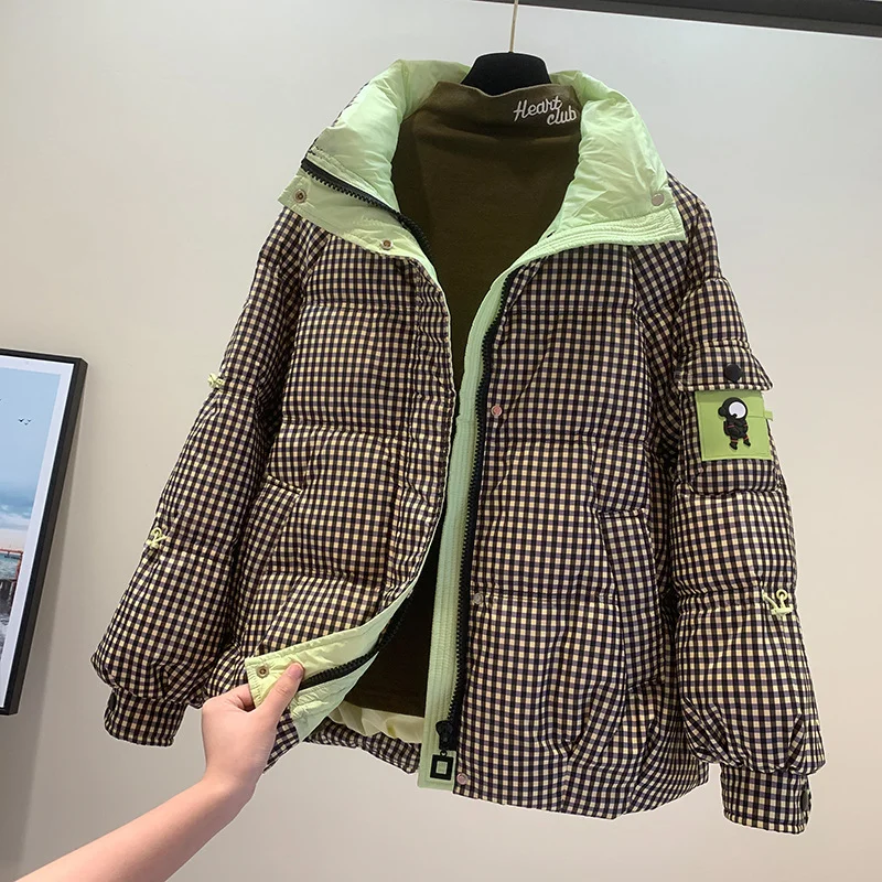 2022 Kotak-kotak Musim Dingin Wanita Parka Berlapis Katun Tebal Mode Bertudung Longgar Longgar Gratis Cuci Jaket Puffer Wanita