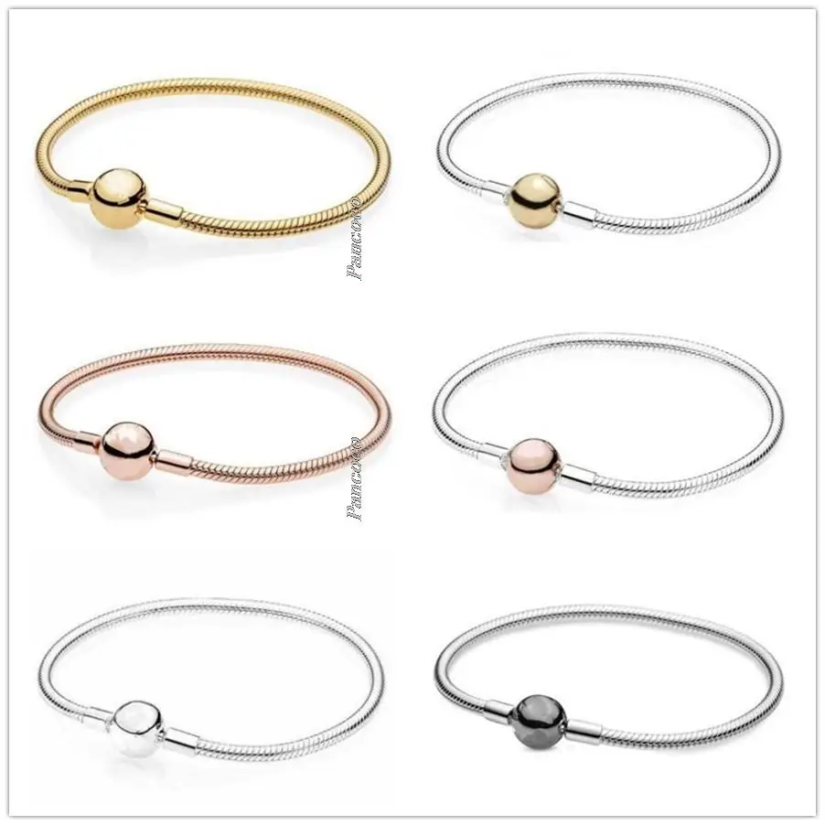 

Authentic 925 Sterling Silver Bracelet Rose Moments Smooth Ball Clasp Snake Chain Bangle Fit Women Bead Charm Fashion Jewelry