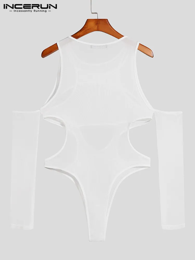 Fashion Comfortable Men's Hollow Rompers See-through Mesh Bodysuit INCERUN Stretch Long-sleeved Off-the-shoulder Jumpsuits S-5XL