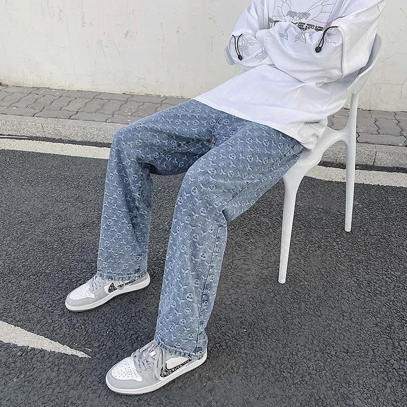 

2022 Fashion Four Seasons Jacquard Men‘s Mid-rise Jeans Thin Style Street Loose Wide-leg Straight-leg Pants Штаны Мужские