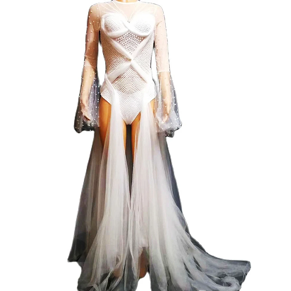 

Luxury Inliad Pearls White Mesh Bodysuit Stage Wear Bar DS Dance Jumpsuits Women Prom Party Celebrate Party Long Tail Dress