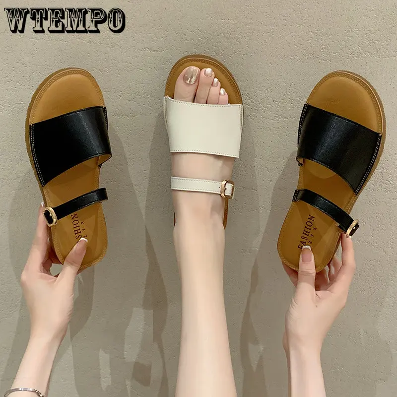 WTEMPO Summer Fashion Slippers Women's Outer Wear Flat Bottom One Word Drag Leather Soft Bottom Anti-slip Sandals Wholesale