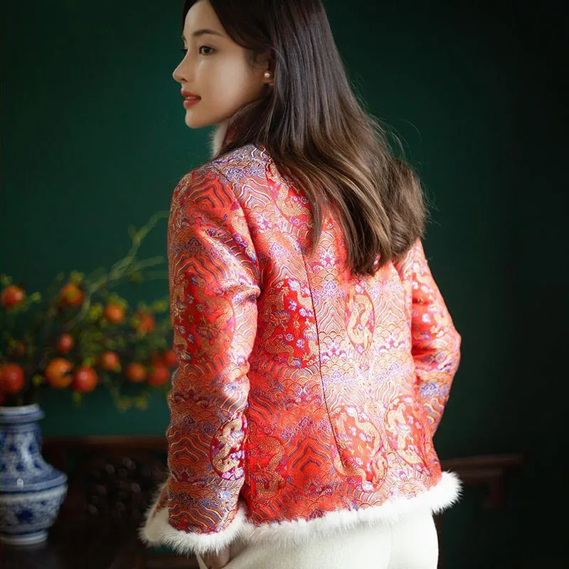 Parka Women's Short Coats Jackets 2022 Winter Cotton-Padded Prints Splicing Stand Collar Chinese Style Warm Skinny Parkas Woman