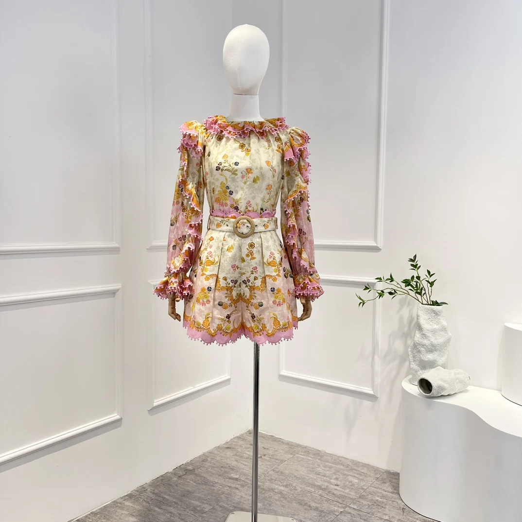 

2023 Top Quality Silk Cotton Linen Floral Printing Pink Beige Frill Ruffles Blouse Shorts Matching Set Women