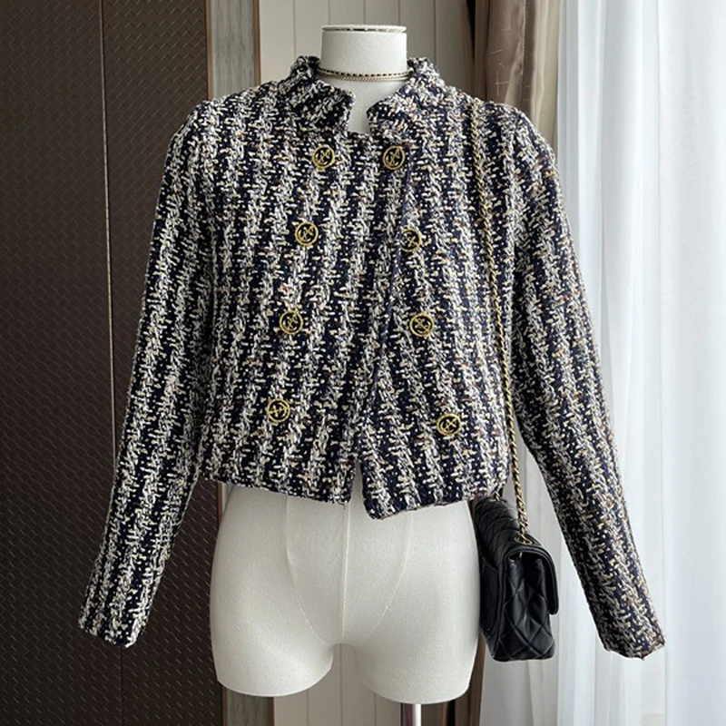 

Elegant Plaid Tweed Cropped Jacket 2023 Autumn Women New Fashion Design Vintage Stand Collar Long Sleeve Office Lady Outwear