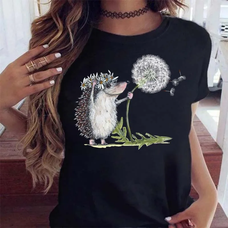 

New Summer Cute T-shirt Women's Hedgehog Dandelion Women's Shirt Fashion Round Neck Short Sleeve Quick Drying Popular
