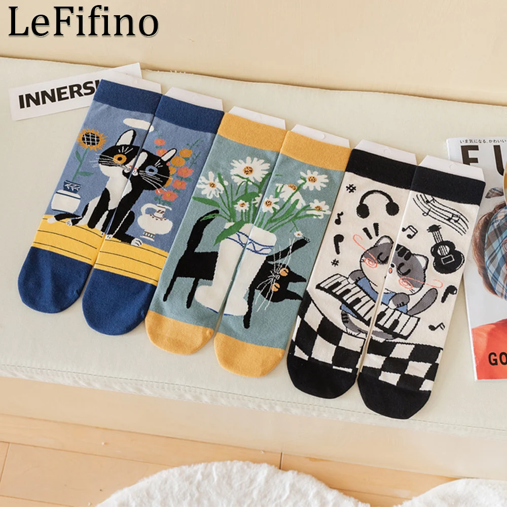 

New Spring Summer Women's Socks Fashion Cartoon Creative Music Cat Art Animal Sox Happy Funny Trend Trend Street Harajuku Socks